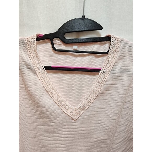 WOMEN LARGE PINK THERMAL KNIT PJ TOP LACE TRIM STRETCHY PREPPY CUTE CAPSULE WARM - Picture 6 of 12